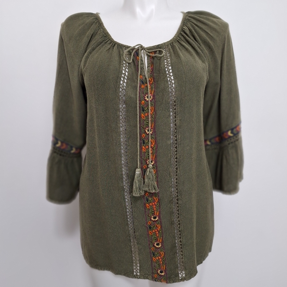 South Main Olive Green Bohemian Bell Sleeve Embroidered Peasant Blouse Size L
